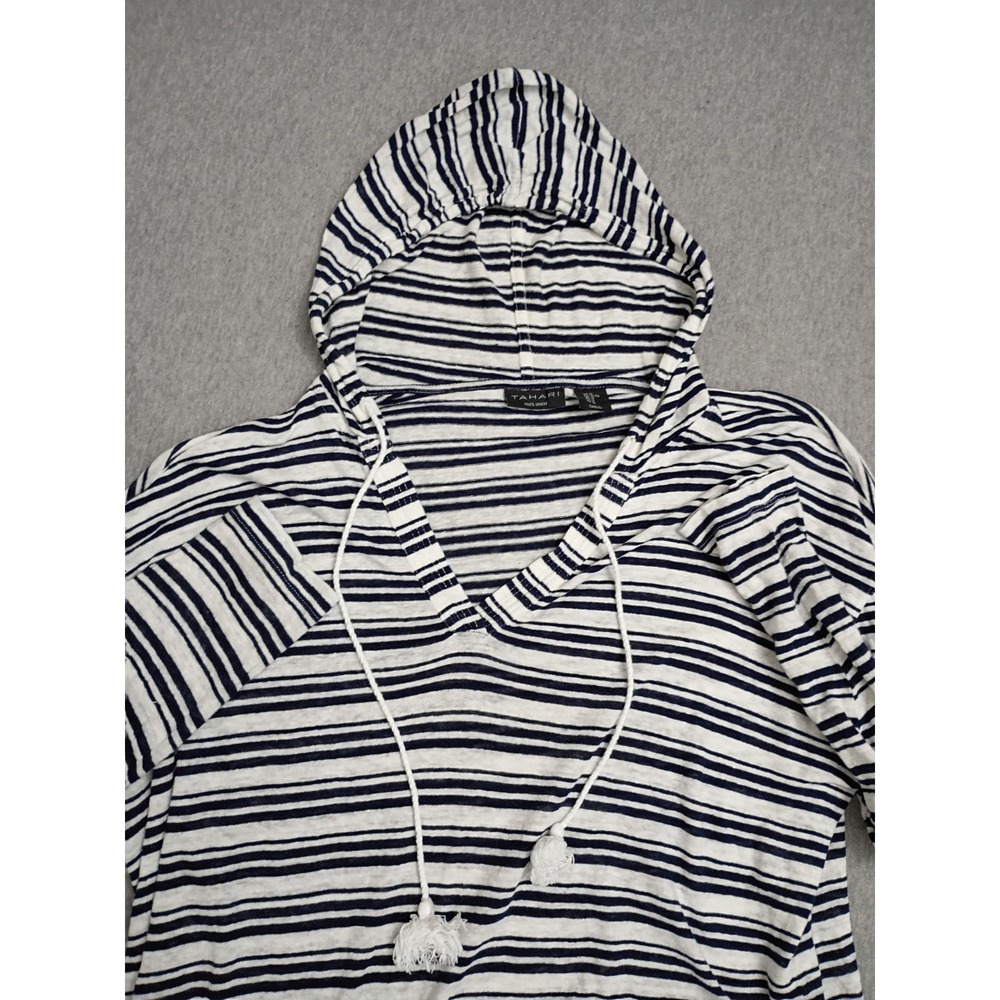 Tahari Women XL Blue White Striped 100% Linen Hoodie V-Neck Tassel Drawstring - Picture 3 of 7